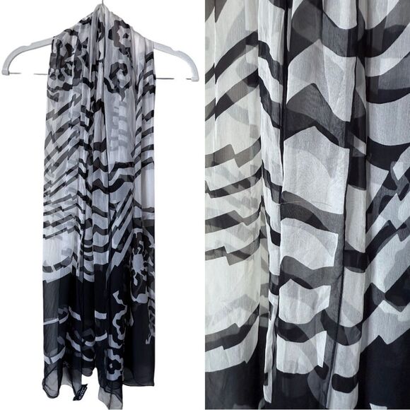 Authentic Marina D'este Black White Scarf Zebra Silk - Picture 1 of 8
